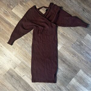 Vici Brown Ribbed Knit sweater Dress